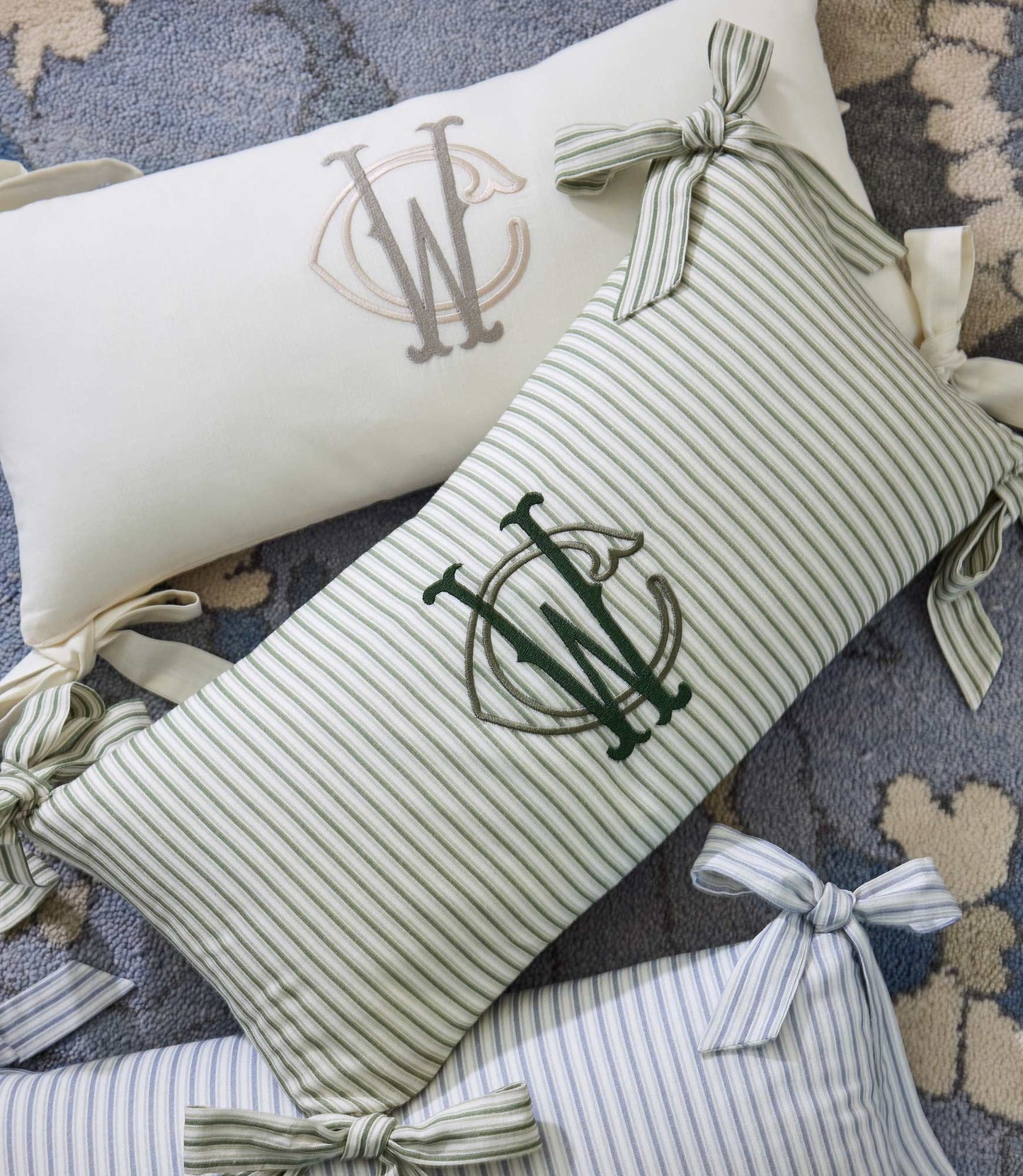 Caitlin Oblong Pillow monogrammed with caitlin font, Pearl, Stripe Moss, Stripe Wedgewood
