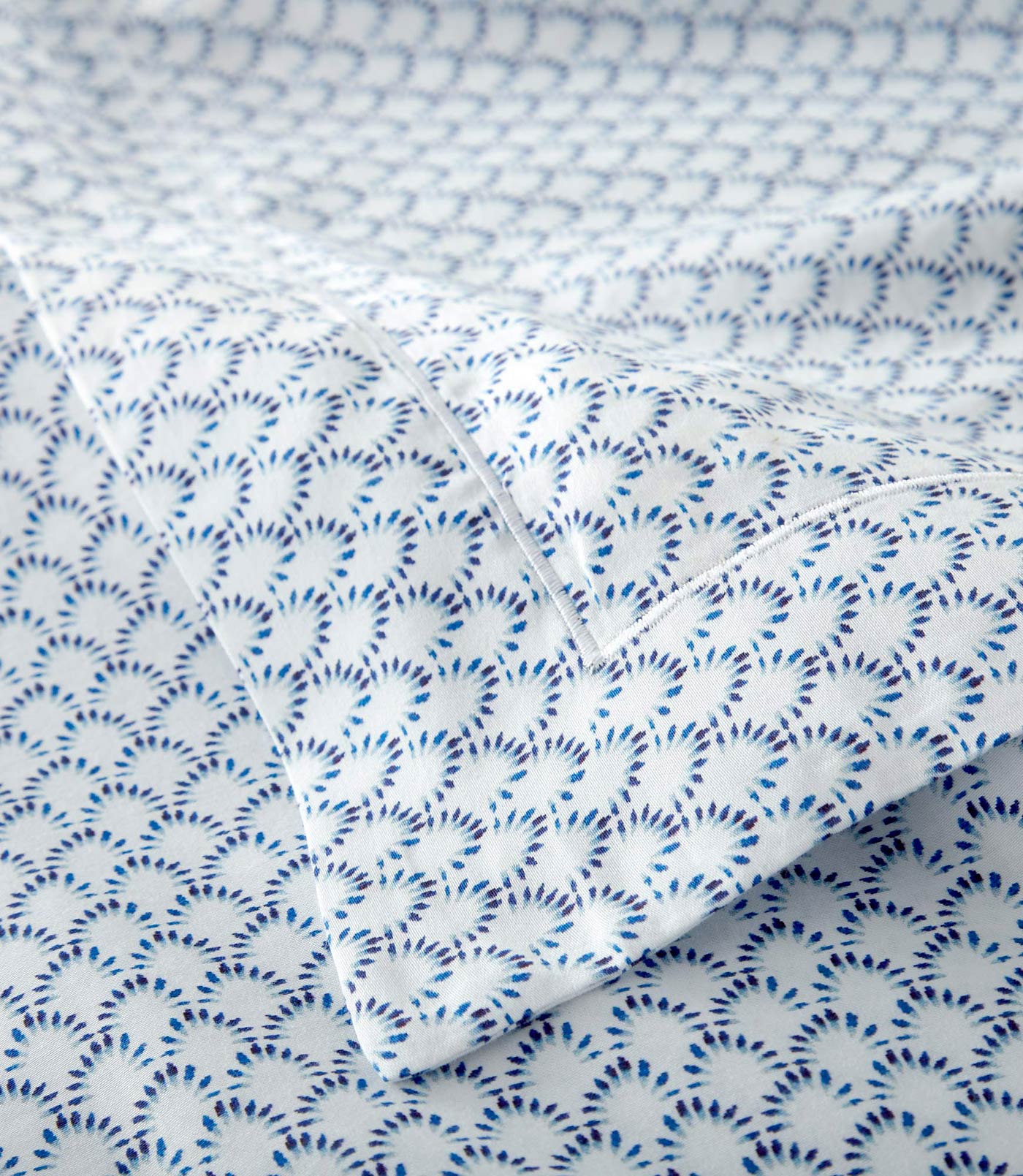 Demi ditsy print cotton sateen duvet cover corner detail with satin stitch hem, Demi Navy
