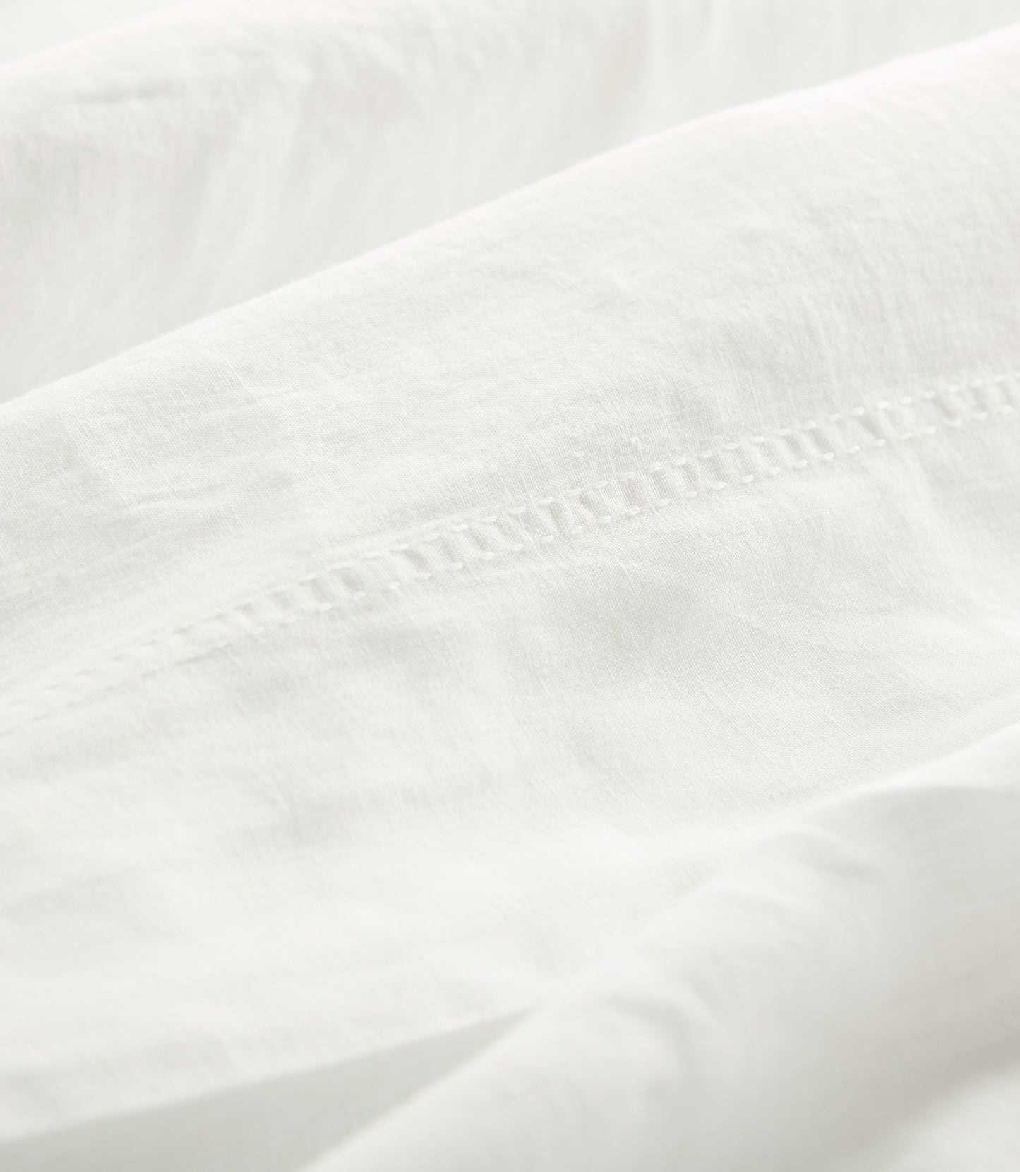 Detail of European Washed Linen Sheets stitching, White