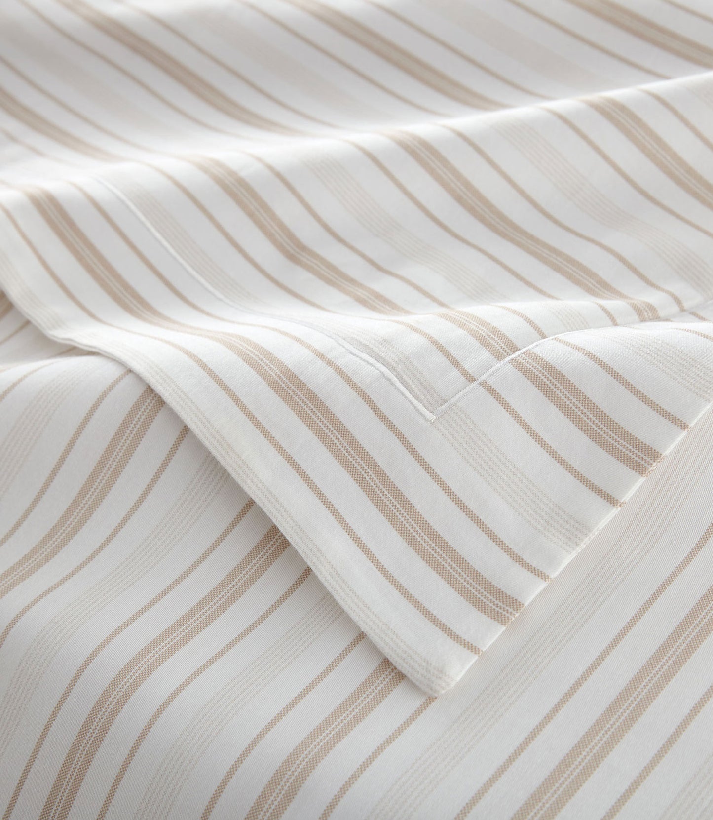 Shelby striped cotton duvet cover corner detail with satin stitch and flange, Shelby Stripe