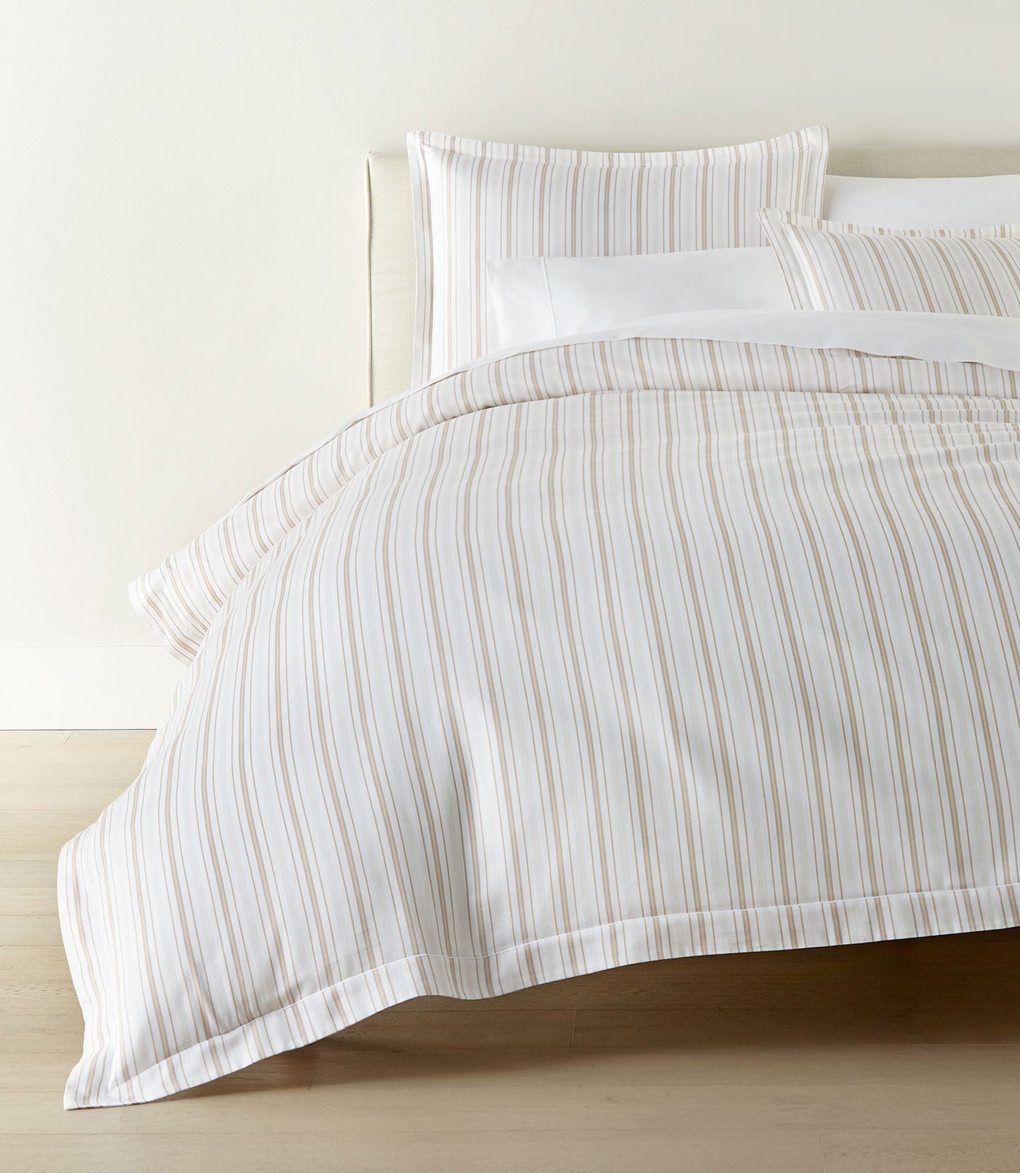 Shelby striped classic printed duvet and sham set on bed with white sheets, Shelby Stripe