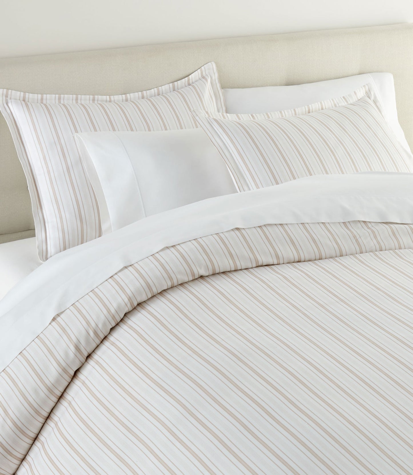 neutral striped duvet cover and shams on bed with white sheets, Shelby Stripe