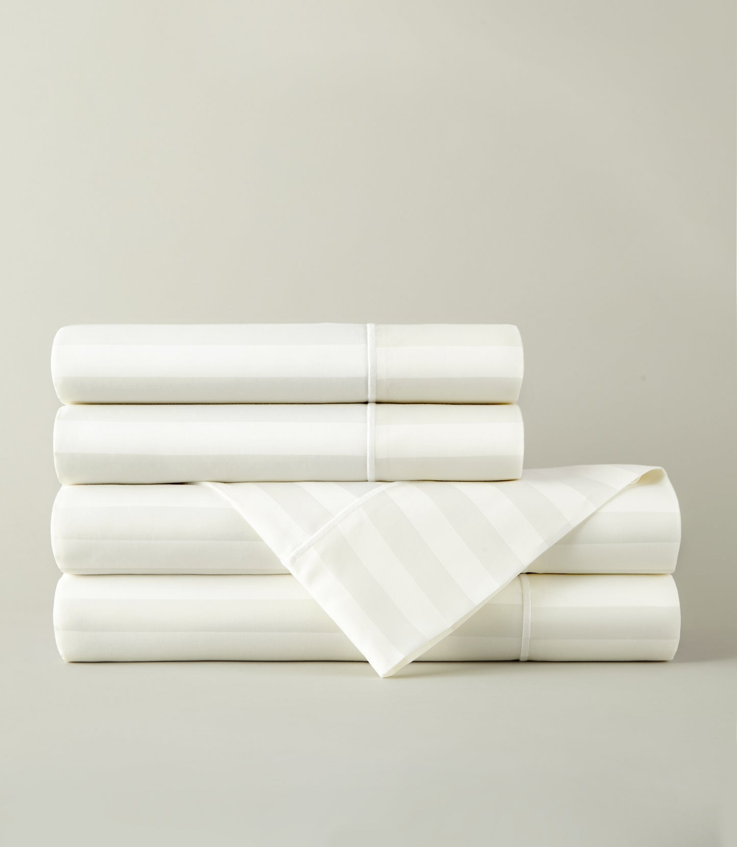 Soprano Stripe Sateen Sheet Set Folded in a Stack, Ivory