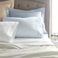 Soprano Sateen Sheet Collection in Various Colors on Bed White Ivory Linen Platinum Barely Blue Pewter Blue