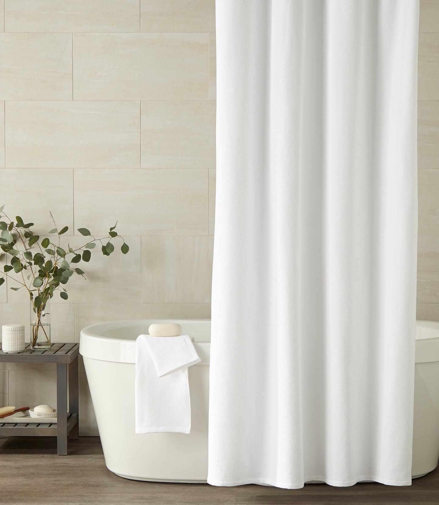White Spa Shower Curtain In Front Of Bathtub
