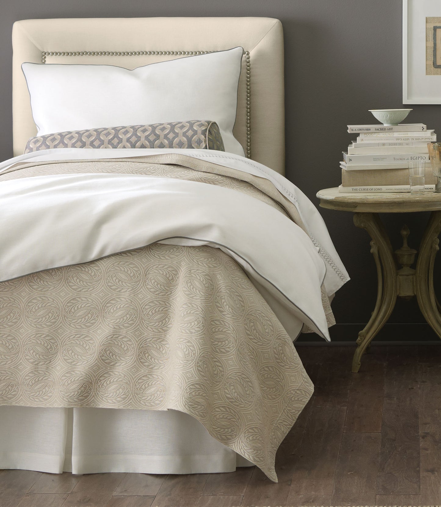 Vienna Matelassé Coverlet Linen on Bed
