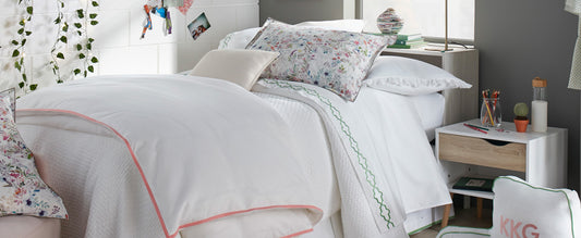 Chloe floral and Pique II bedding accents for college. | Peacock Alley