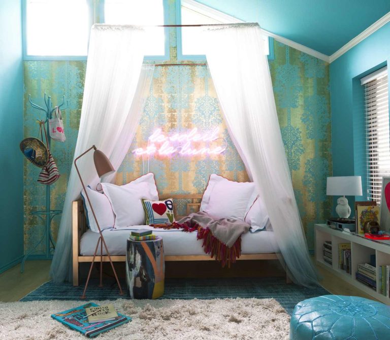 The perfect room for a 10 year old girl in bright aqua with white and metallic accents