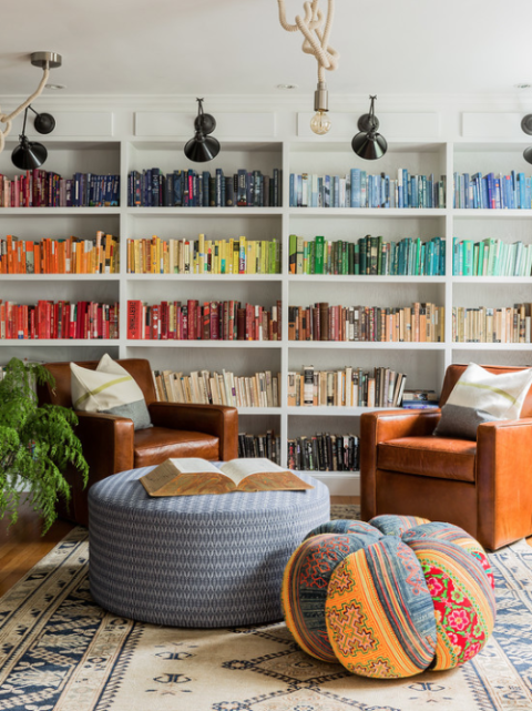 Colorful bookshelves with comfortable seating for reading 