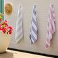 Three Aegean Beach Towels hanging on a wall next to a potted plant, Lime Navy Coral