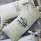 Caitlin Oblong Pillow monogrammed with caitlin font, Pearl, Stripe Moss, Stripe Wedgewood