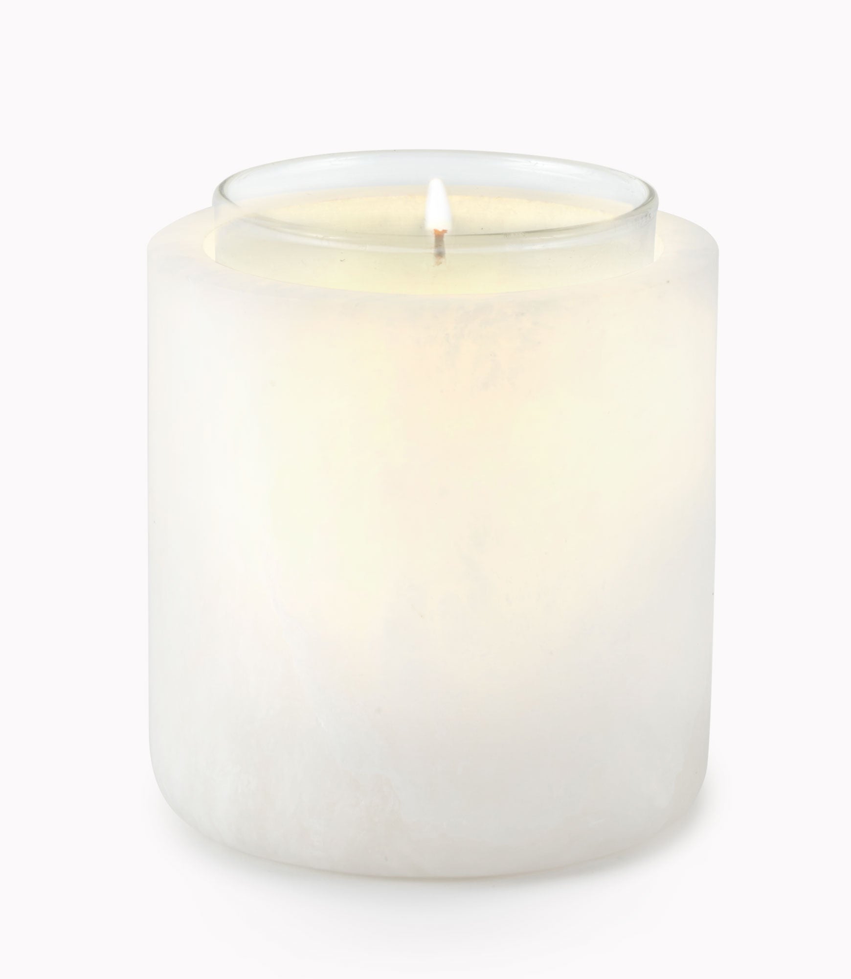 Lit candle in Alabaster decorative vessel, Candle Gift Set