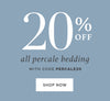 Promotional text for 20% off all percale bedding with a code on a blue background