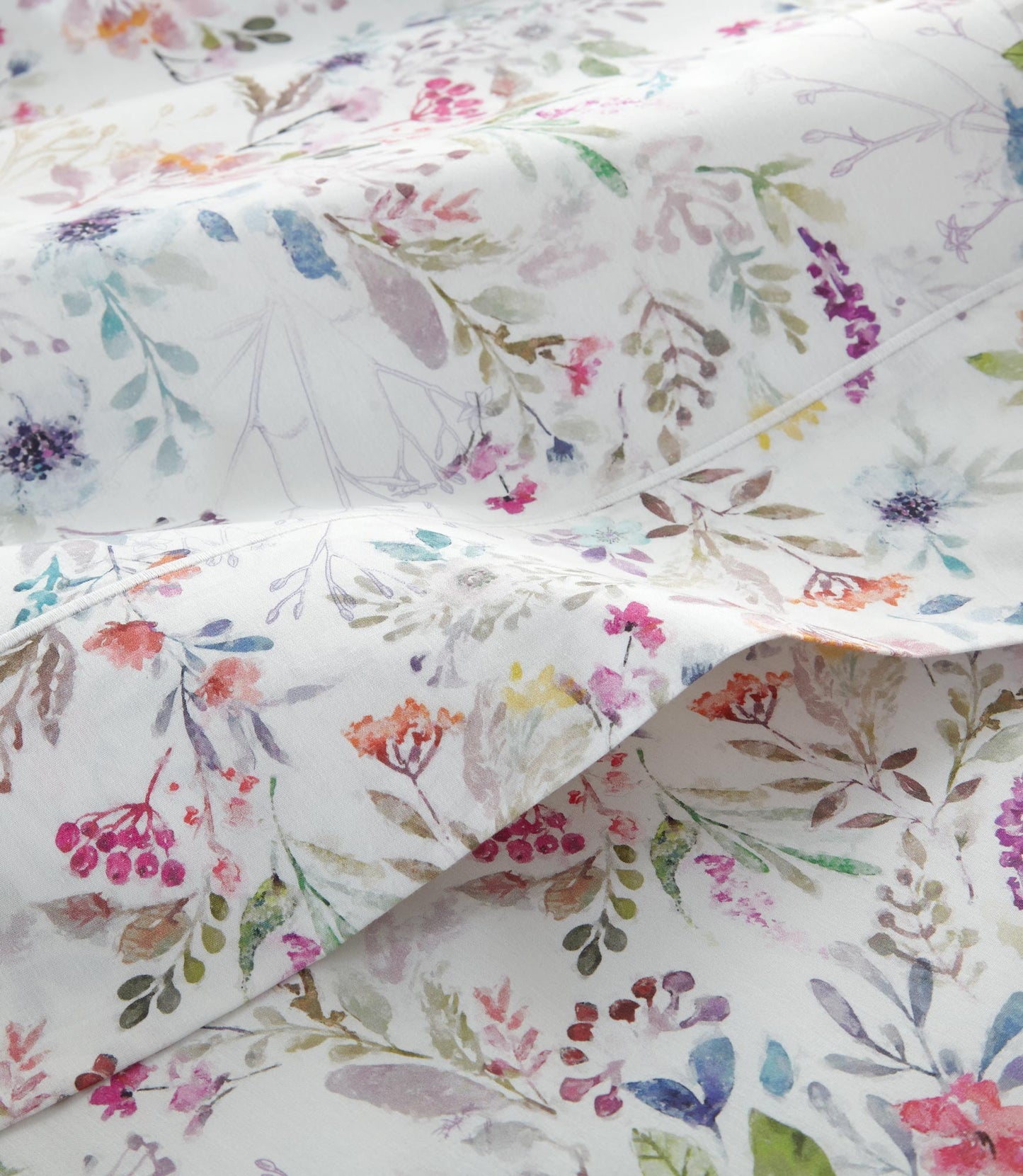 white satin stitch hem treatment on Chloe percale flat sheet, Floral