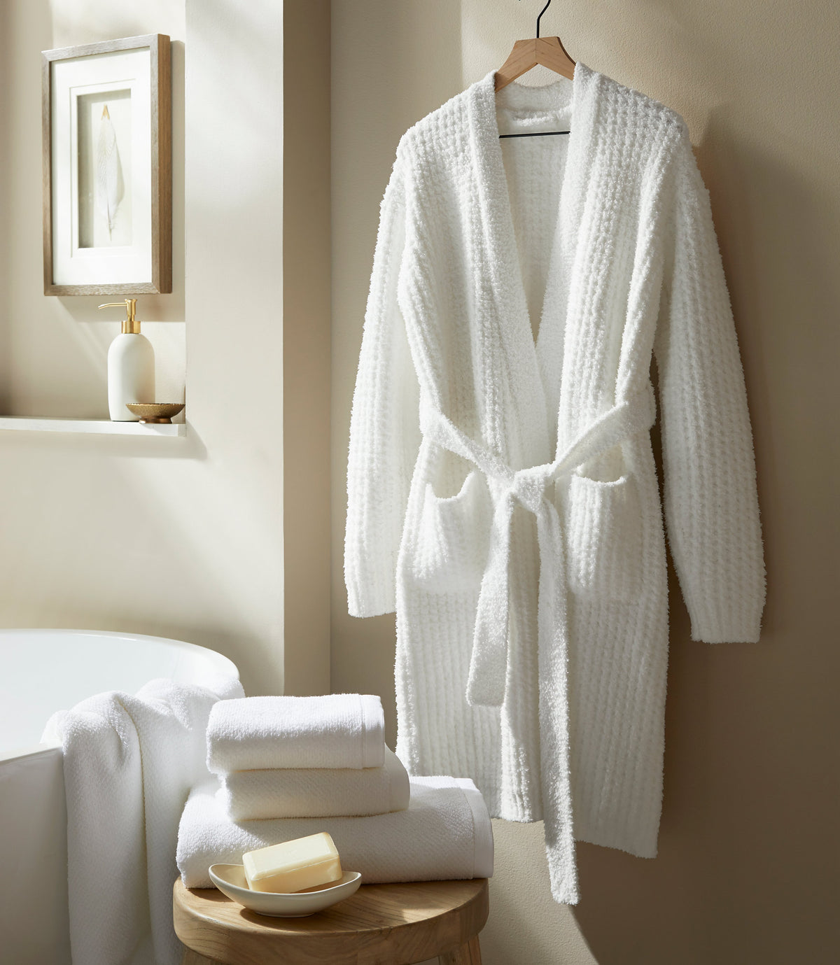 Cozy Waffle Robe hanging in bathroom, White
