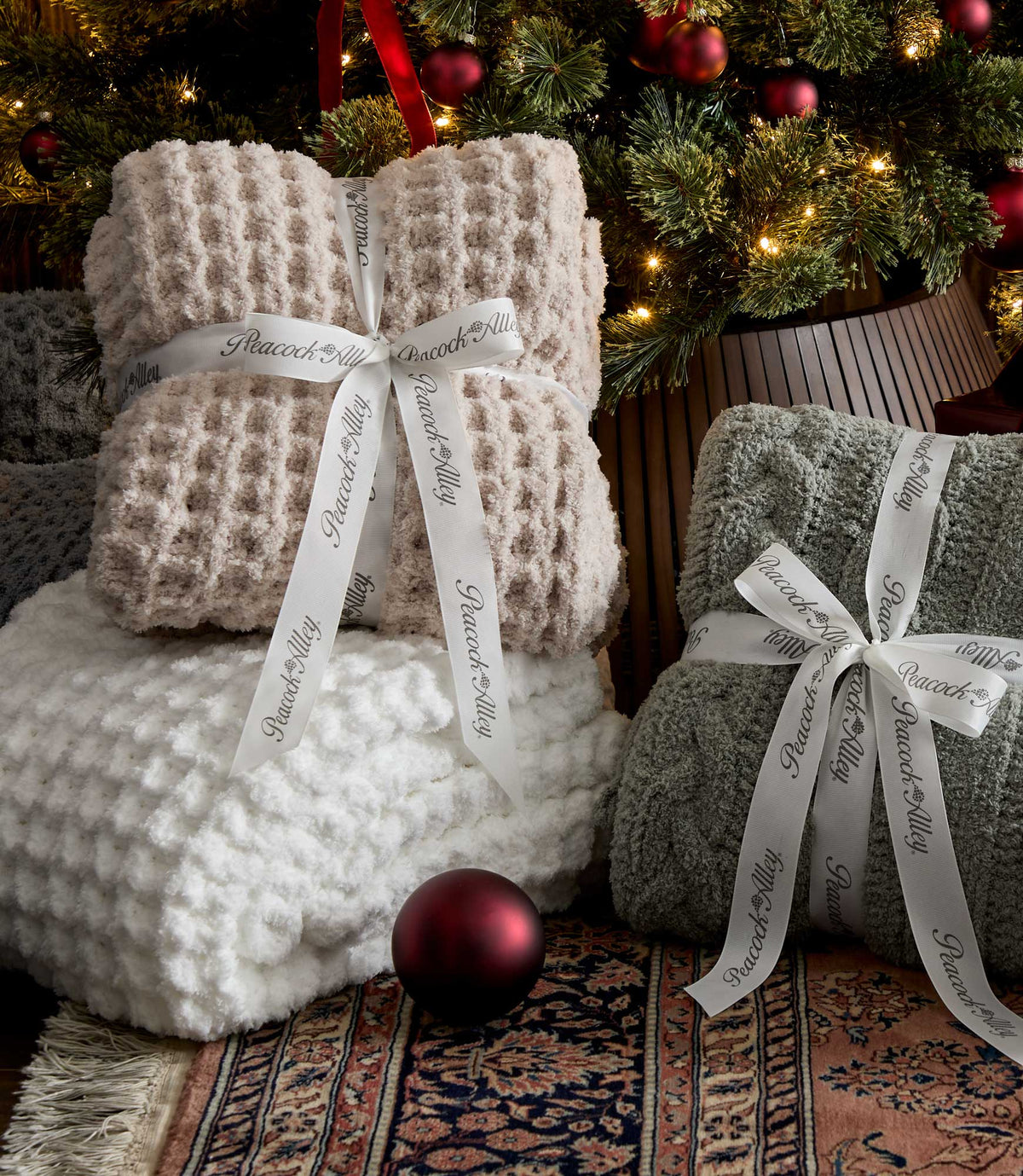 Cozy Throws wrapped under a Christmas tree, Linen Sage White