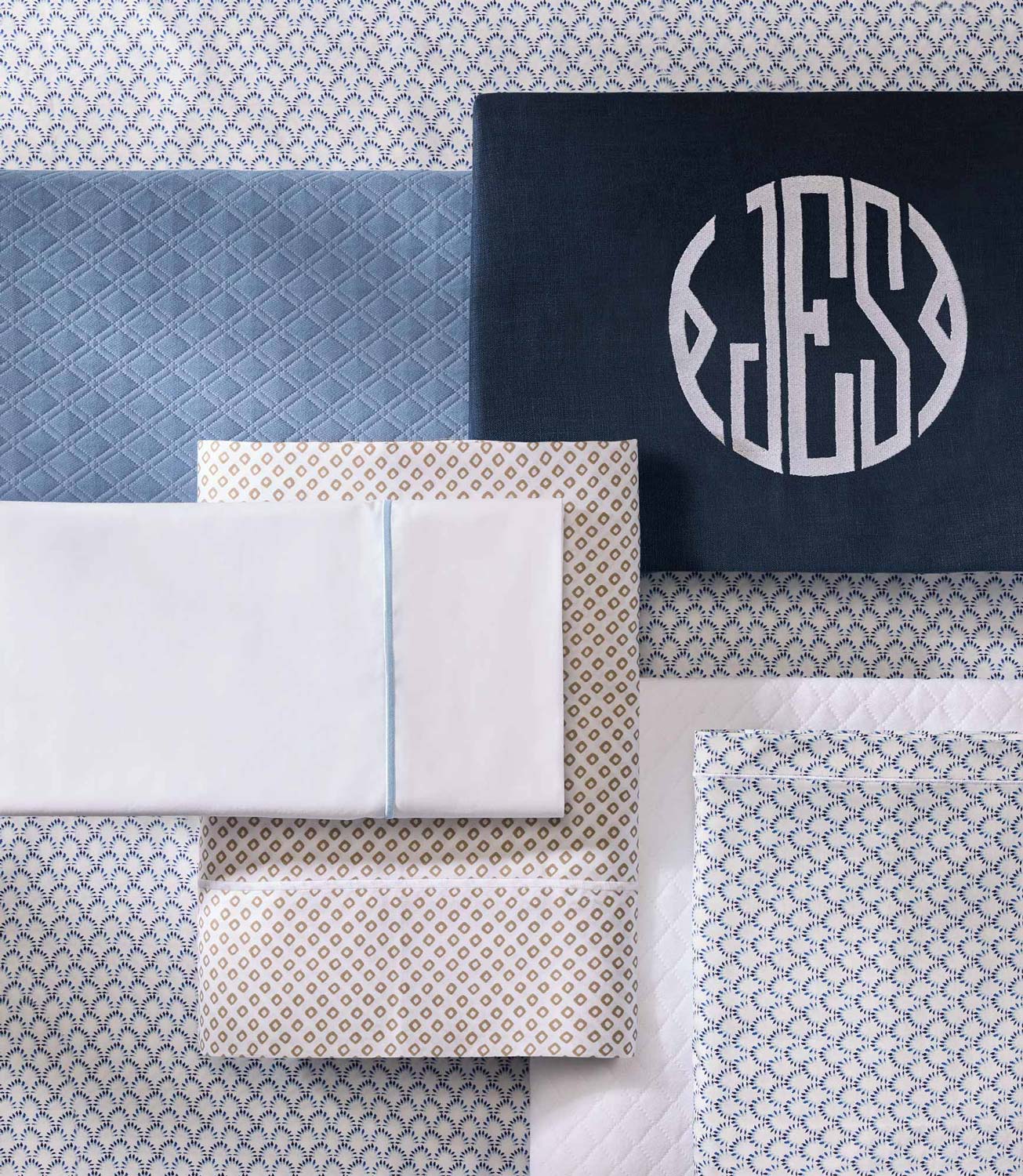 small blue printed bedding flatlay, Demi