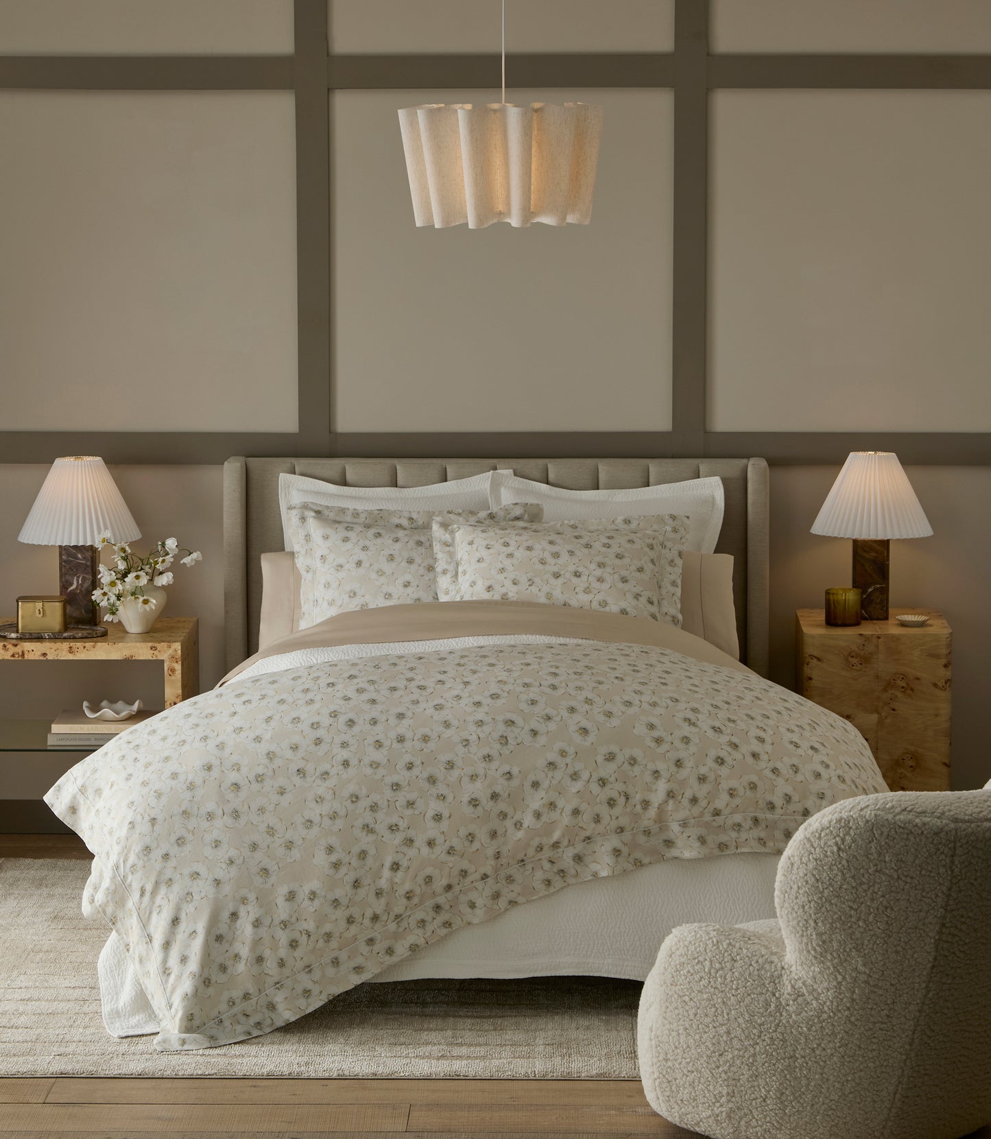 Ella Linen Duvet Set displayed in a beige paneled bedroom, Natural