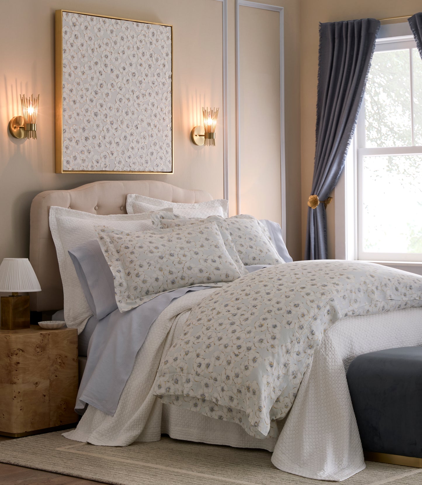 Ella Linen Duvet Set displayed in a styled blue and cream bedroom, Sky