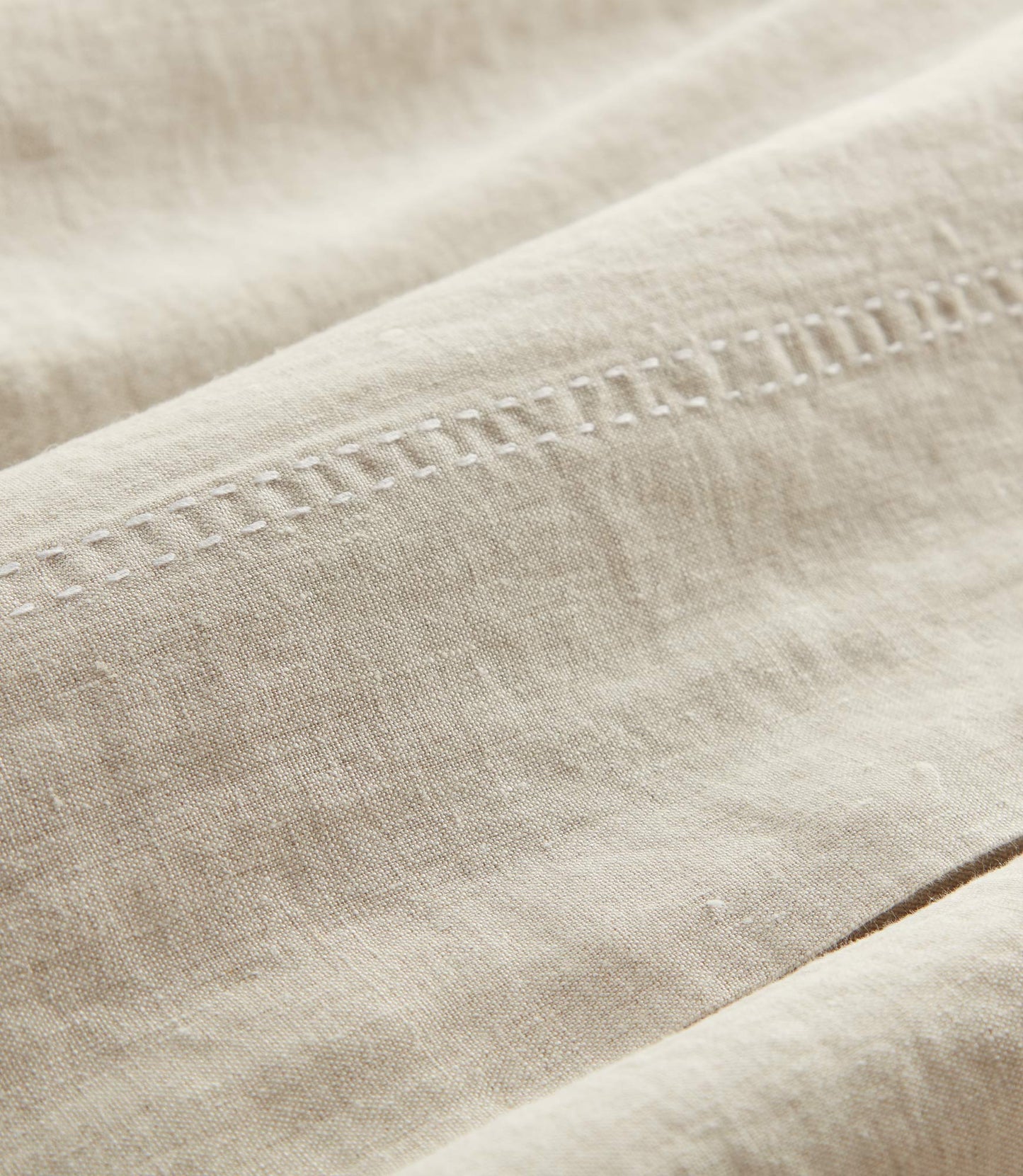 Detail of European Washed Linen Sheets stitching, Natural