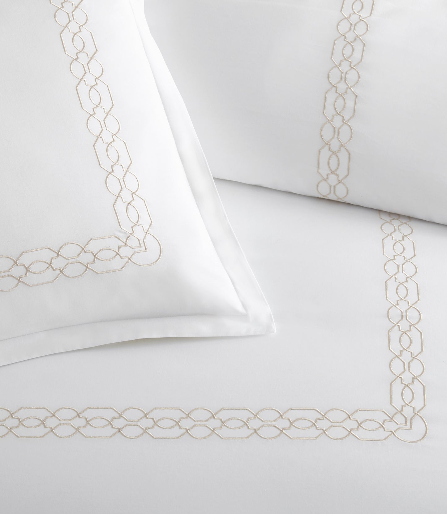 Close up of border detailing on Filigree Classic Embroidered Duvet Set, Linen