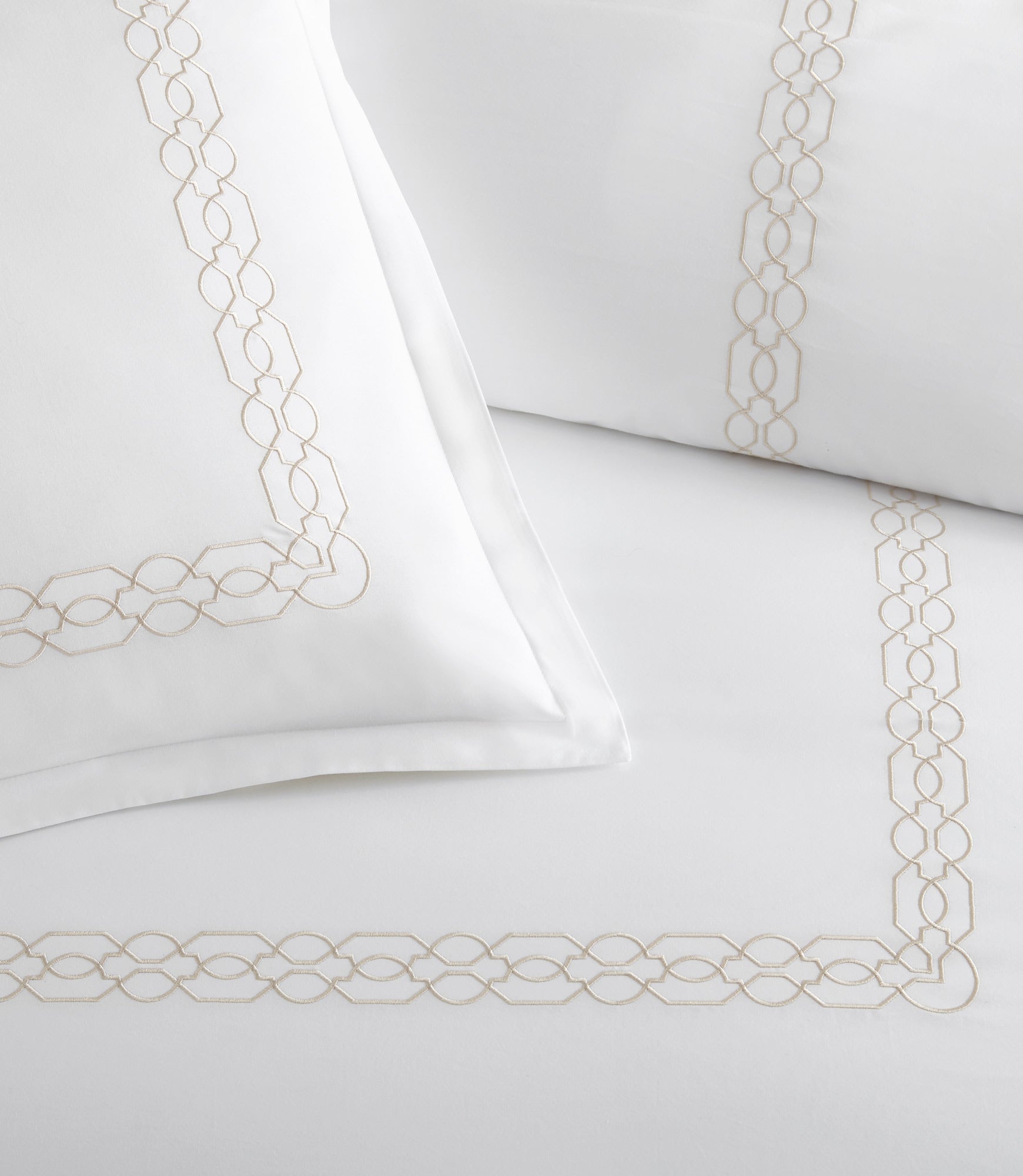 Close up of border detailing on Filigree Classic Embroidered Duvet Set, Linen