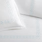 Close up of border detailing on Filigree Classic Embroidered Duvet Set, Sky