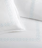 Close up of border detailing on Filigree Classic Embroidered Duvet Set, Sky