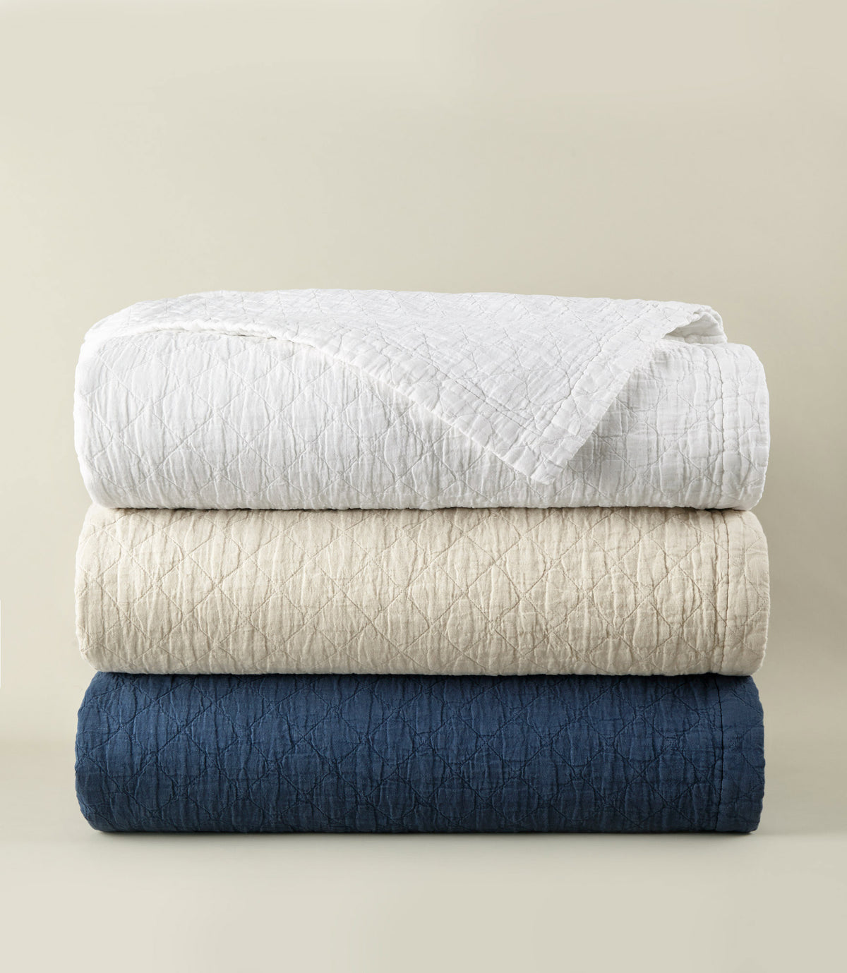 Heritage Stonewashed Linen Coverlet Multicolor Stacked, White Natural Navy 