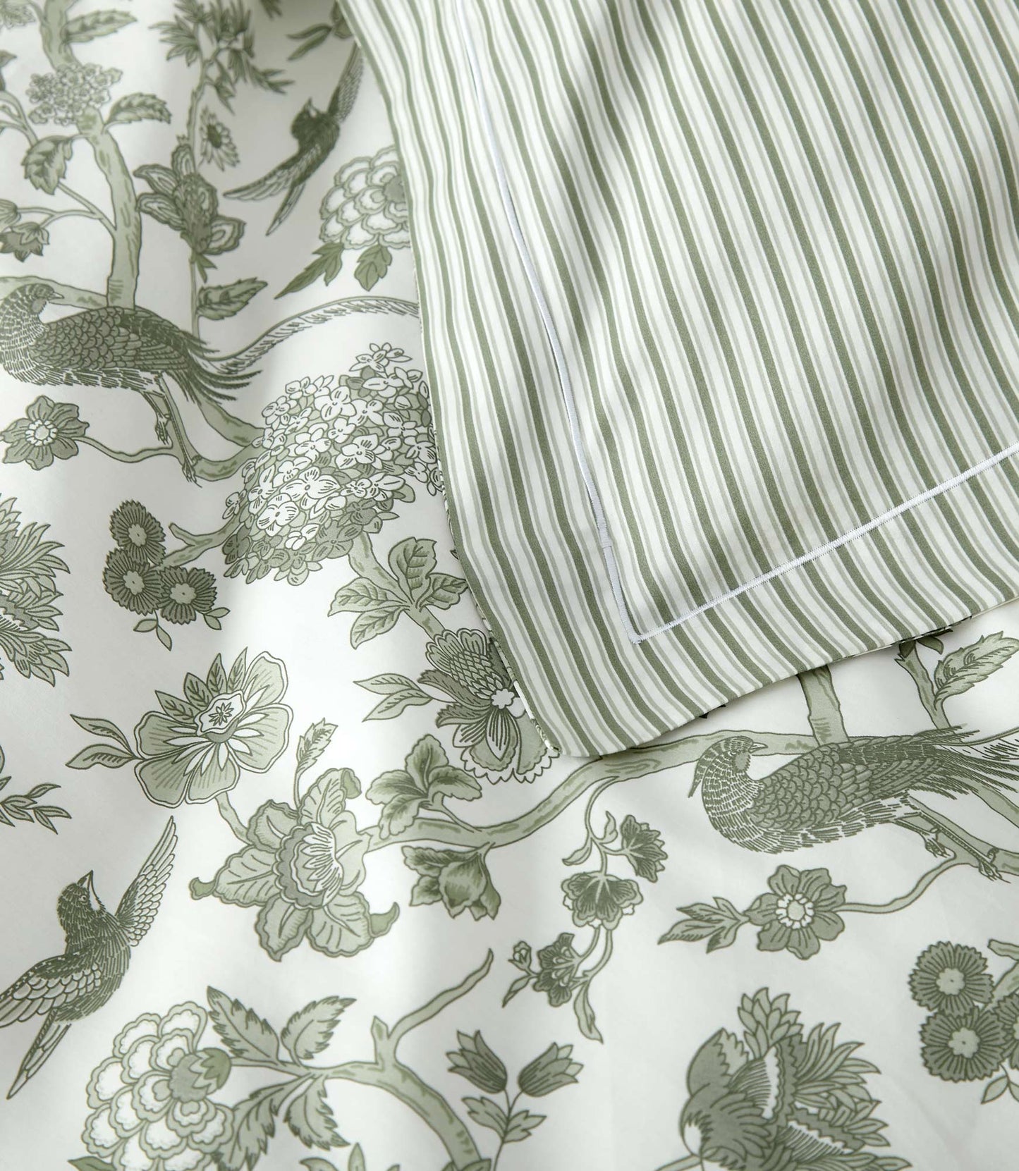 Close up of Highgrove Toile Reversible Duvet Set in Highgrove Moss