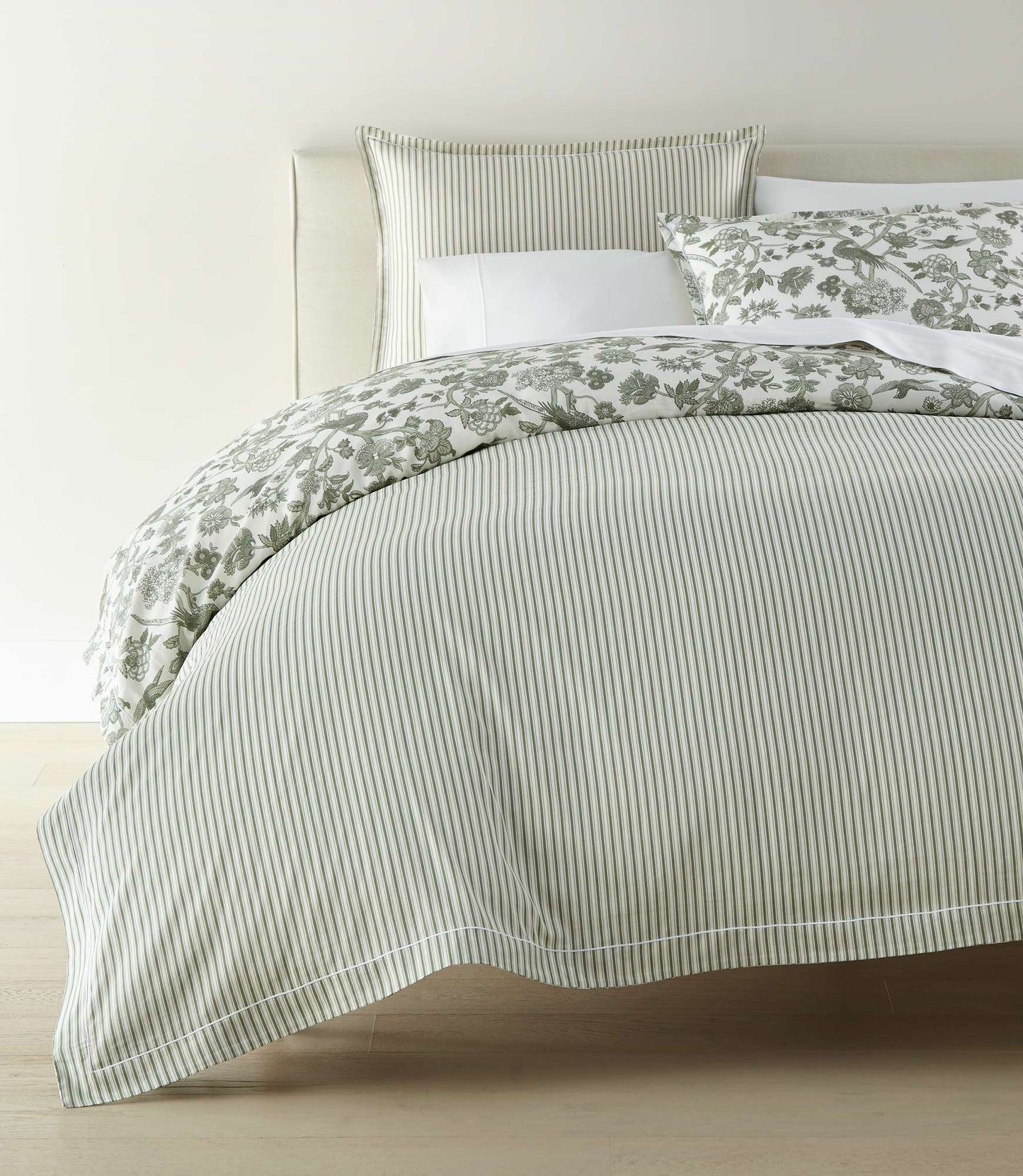 Striped side of Highgrove Toile Reversible Duvet Set in Highgrove Moss