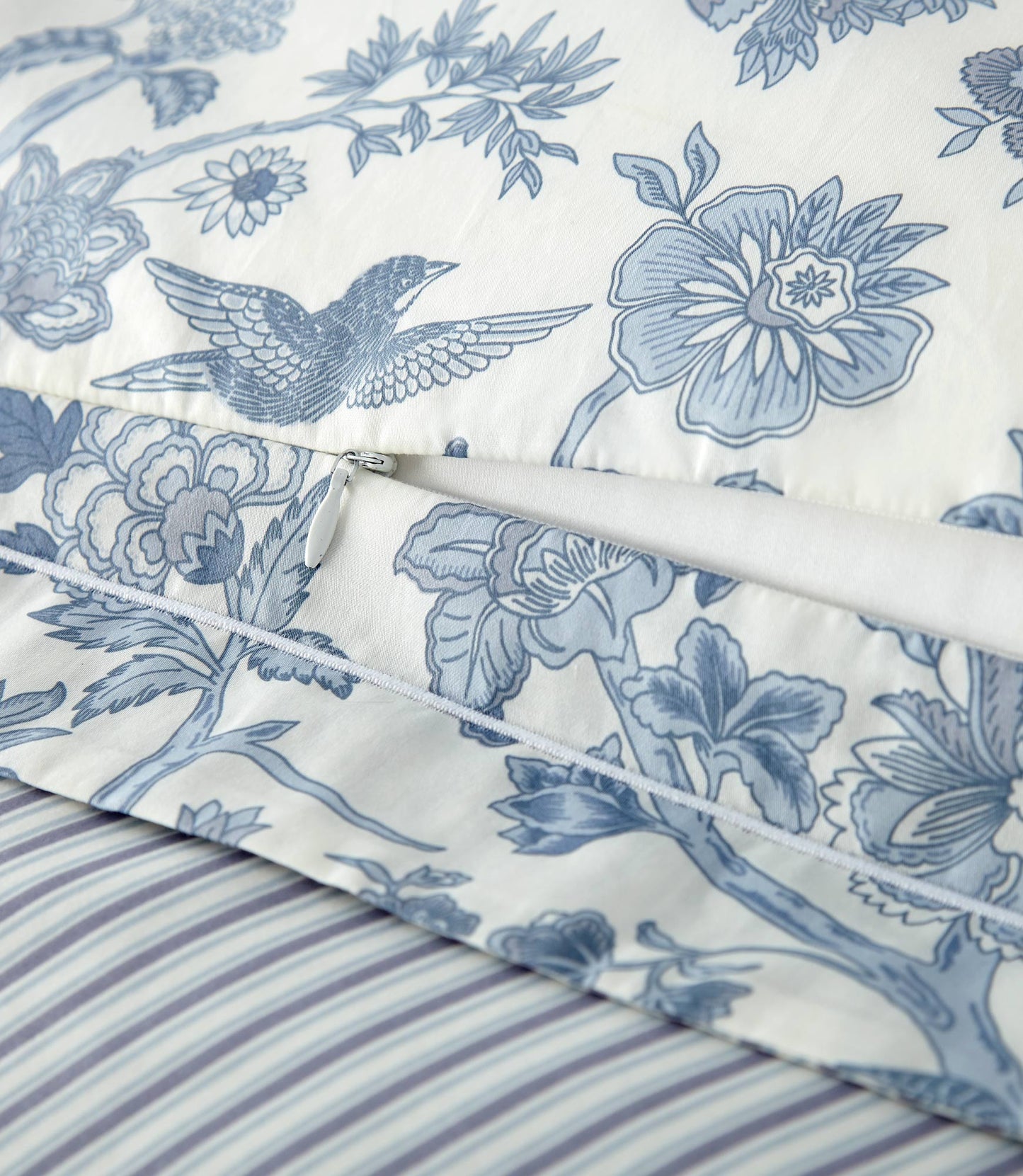 Close up of the Highgrove Toile Reversible Duvet Set sham zipper closure, Highgrove Wedgewood