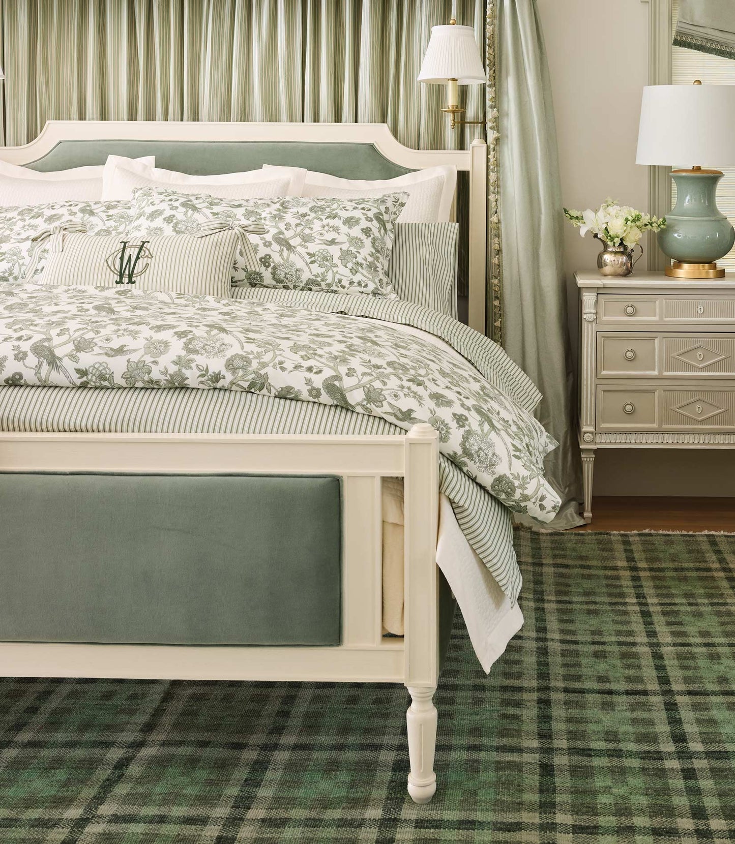 Highgrove Toile Reversible Duvet Set displayed on a green bed, plaid rug and decorative curtains, Highgrove Moss