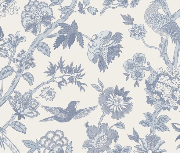 Highgrove Toile pattern in blue, flowers and birds on a white background