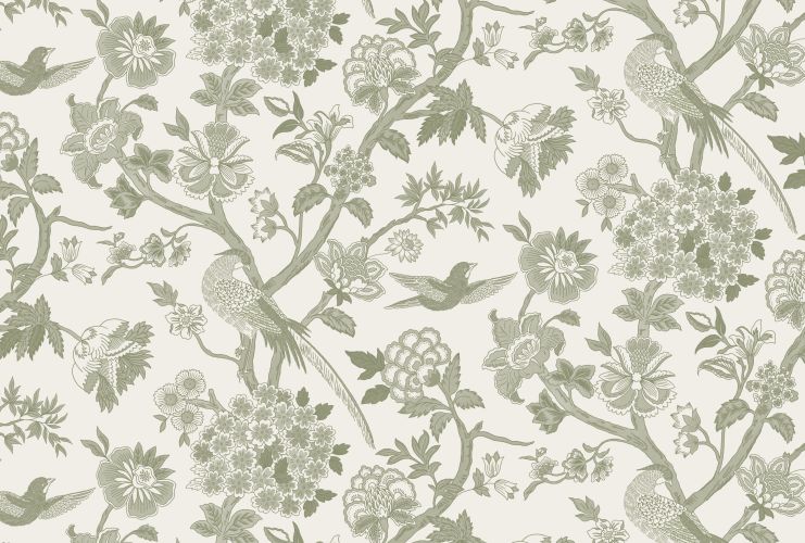 Highgrove Toile in green, flowers and birds on a white background