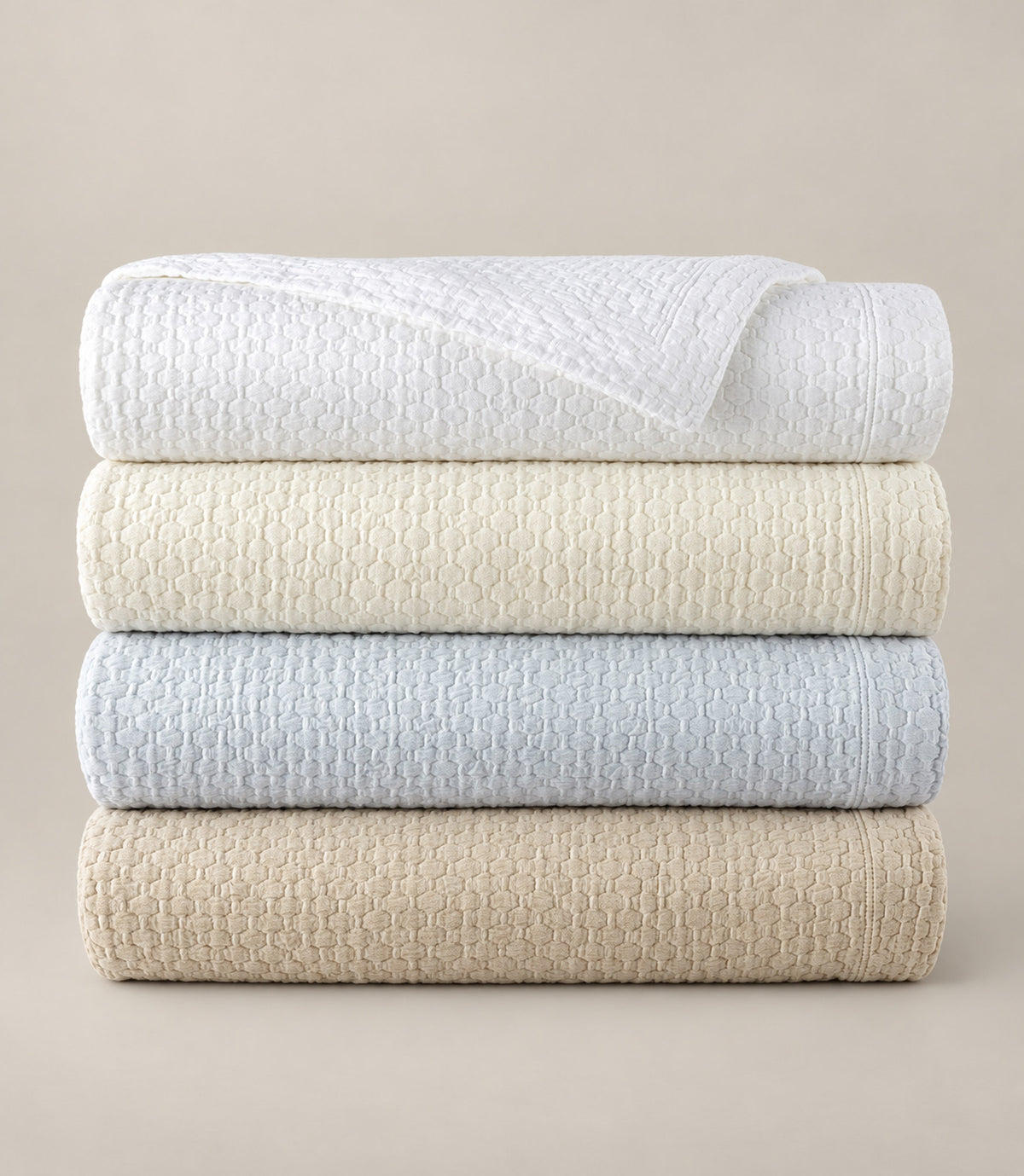 Juliet Matelassé Coverlet Multi Stack, White Pearl Barely Blue Linen