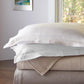 Montauk Shams and Coverlets stacked on table, White Pearl Linen Platinum