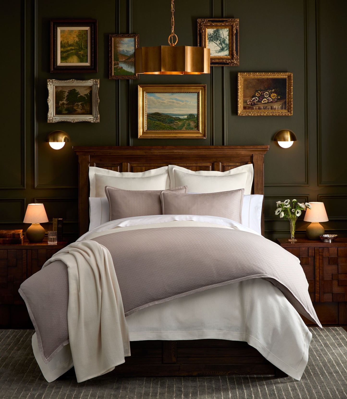 Savoy Jacquard Duvet Set styled in a bedroom scene set against a dark wood headboard, Platinum