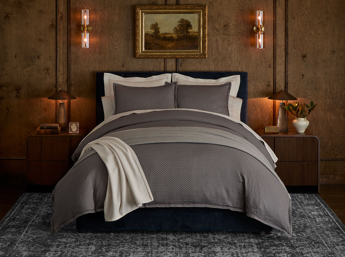 everlasting elegance Savoy Jacquard Duvet Set styled on a bed in dark elegant room