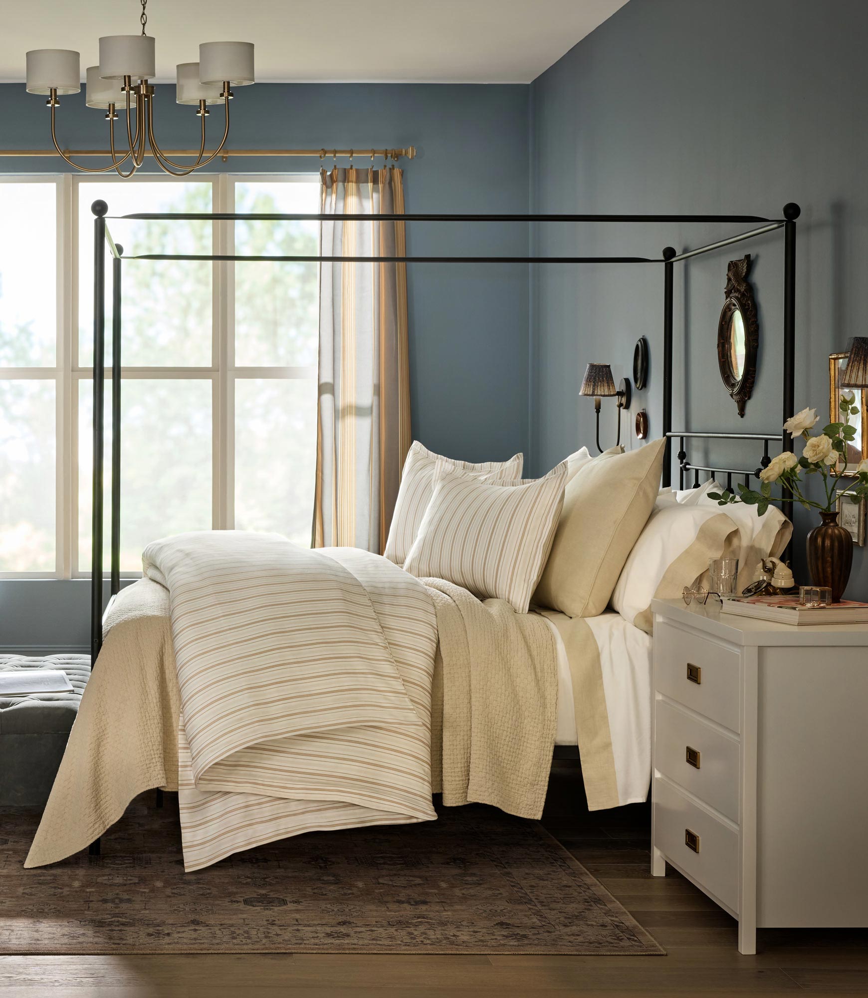 striped bedding on neutral bed in blue room, Shelby Stripe