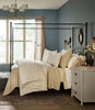striped bedding on neutral bed in blue room, Shelby Stripe