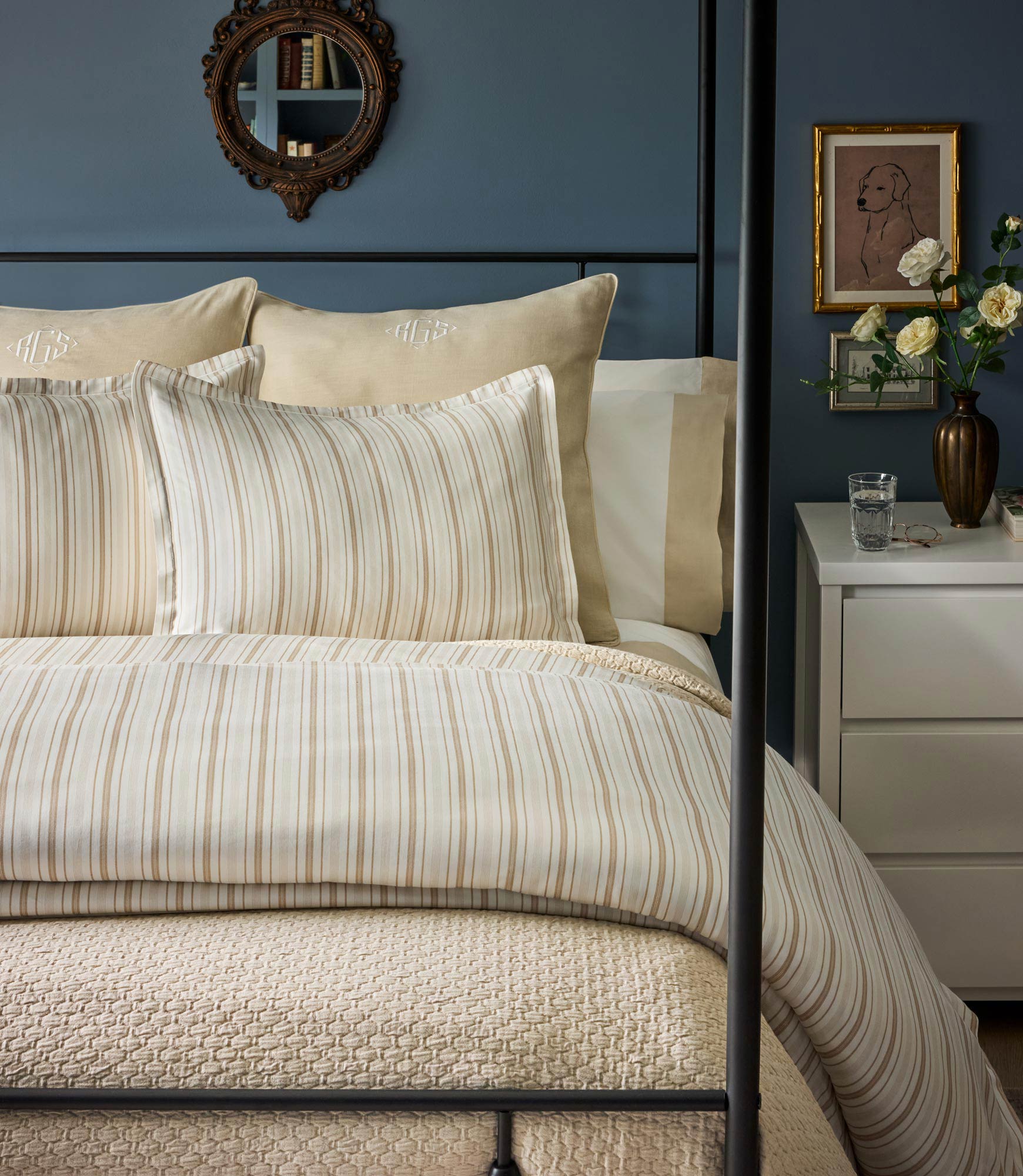 beige striped duvet and shams on bed, Shelby Stripe