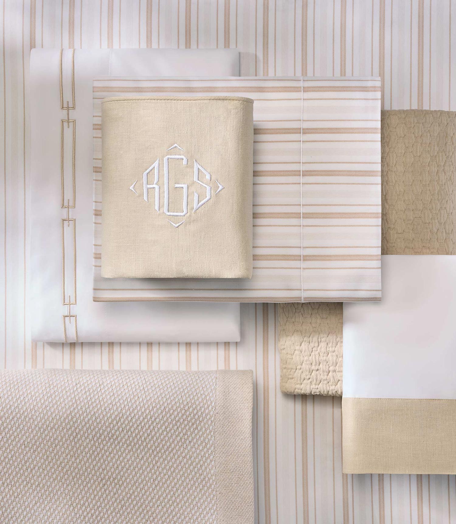 shelby stripe neutral toned bedding flatlay, Shelby Stripe