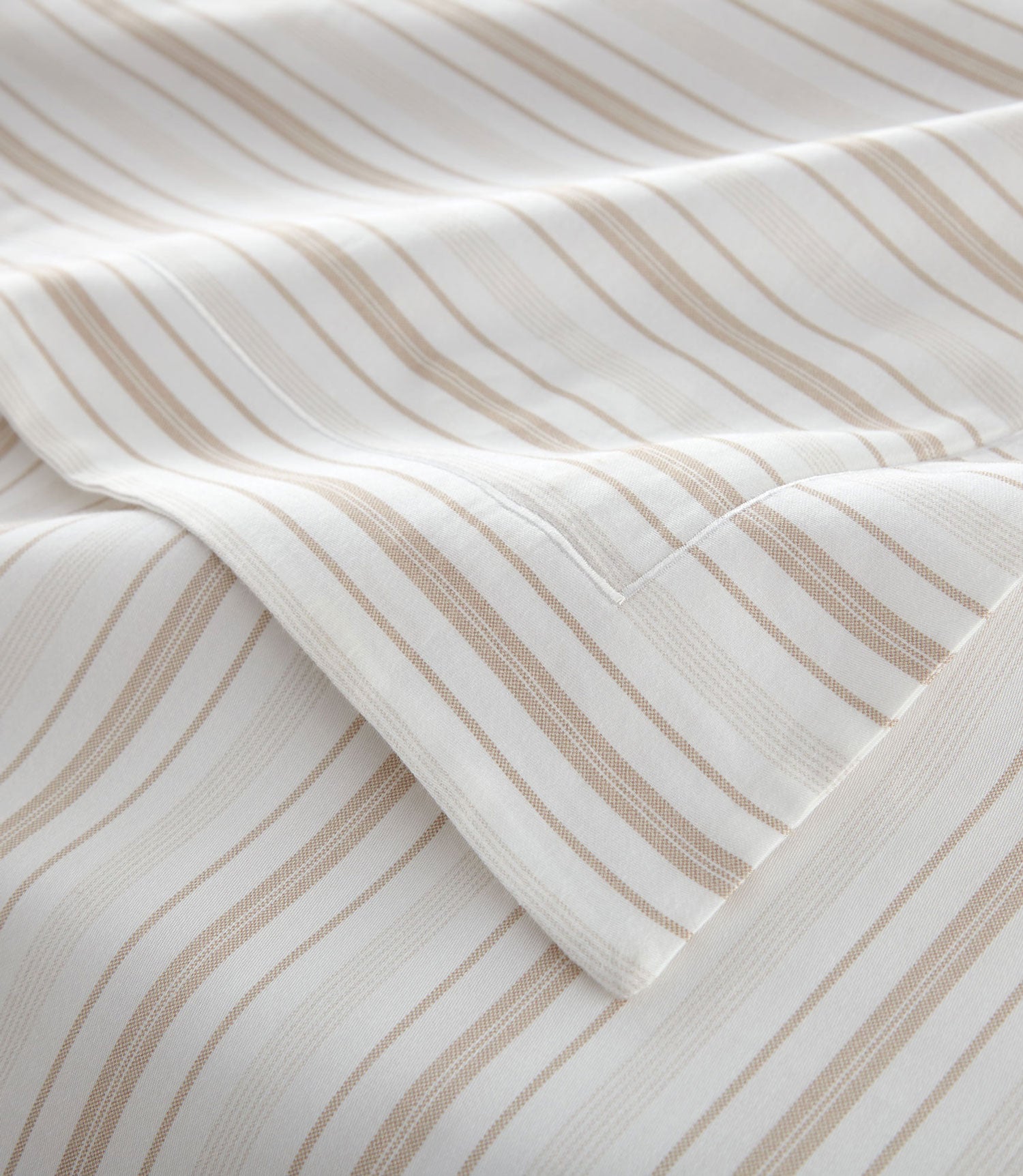 Shelby striped cotton duvet cover corner detail with satin stitch and flange, Shelby Stripe
