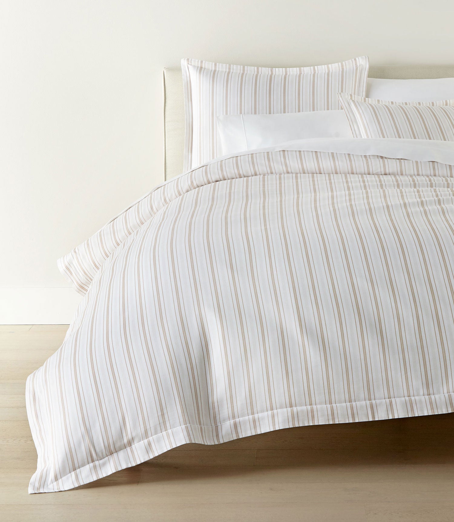 Shelby striped classic printed duvet and sham set on bed with white sheets, Shelby Stripe