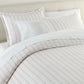 neutral striped duvet cover and shams on bed with white sheets, Shelby Stripe