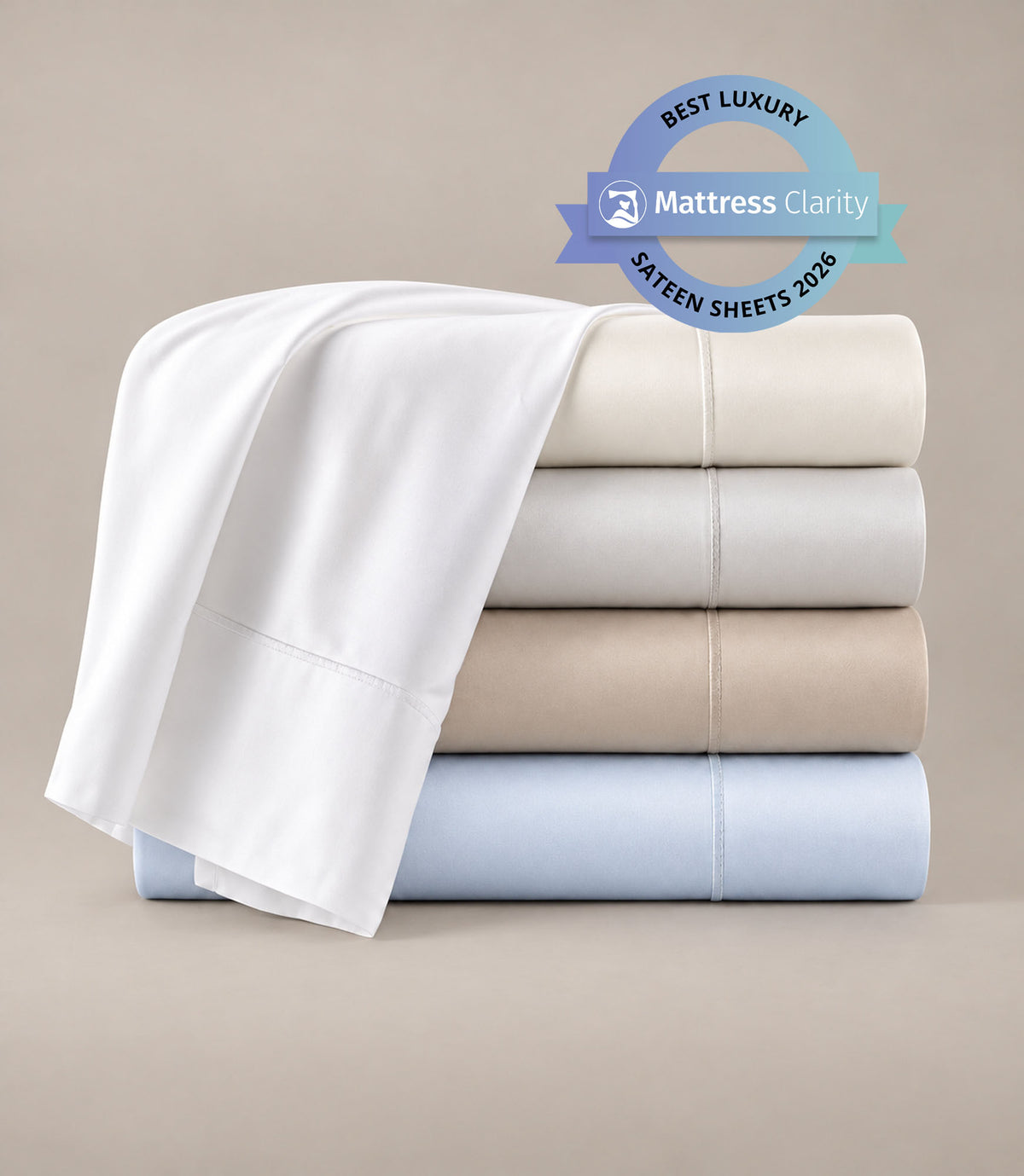 Soprano Sateen Sheet Set Multi Stack, White Ivory Linen Platinum Barely Blue