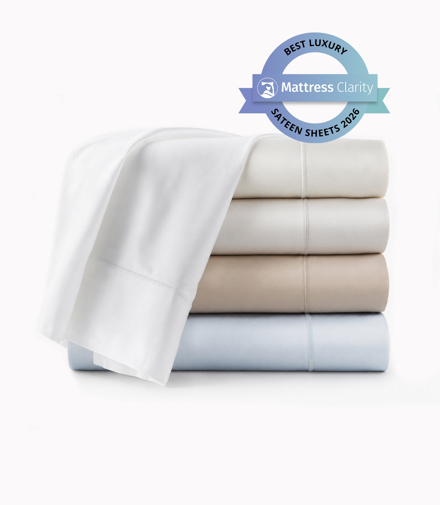 Soprano Sateen Sheet Set Multi Stack, White Ivory Linen Platinum Barely Blue