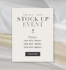 The Bed + Bath Stock Up Event banner with text detailing discounts, styled on a soft white and beige fabric background.