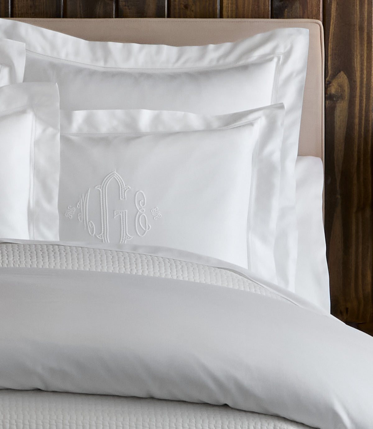 Lyric Percale Sham monogrammed in white embroidery, White